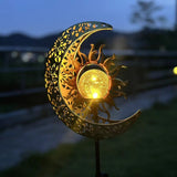 Garden Solar Lights Outdoor Decorative, Sun & Moon Crackle Glass Globe Metal Stake Light