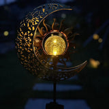 Garden Solar Lights Outdoor Decorative, Sun & Moon Crackle Glass Globe Metal Stake Light