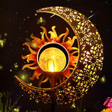 Garden Solar Lights Outdoor Decorative, Sun & Moon Crackle Glass Globe Metal Stake Light