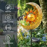 Garden Solar Lights Outdoor Decorative, Sun & Moon Crackle Glass Globe Metal Stake Light