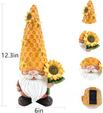 Solar Resin Fall Gnomes Figurine with Solar Bee Lights and Sunflower Decor