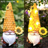 Solar Resin Fall Gnomes Figurine with Solar Bee Lights and Sunflower Decor