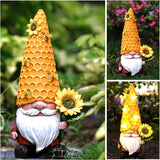 Solar Resin Fall Gnomes Figurine with Solar Bee Lights and Sunflower Decor